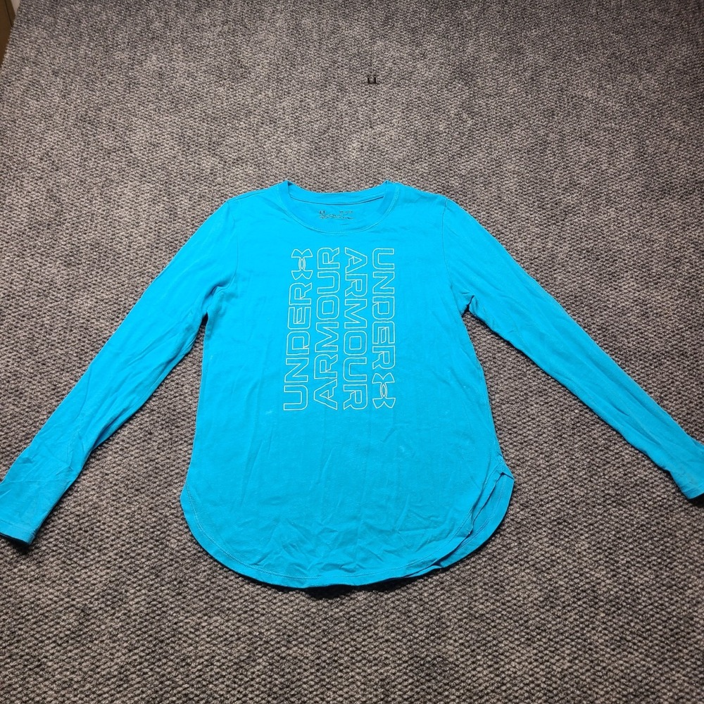 Under Armour HeatGear Athletic Shirt Womens S Long Sleeve Bright Blue Graphic